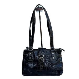 Black Patent Faux Alligator Skin Shoulder Bag, Satchel Purse, Handbag